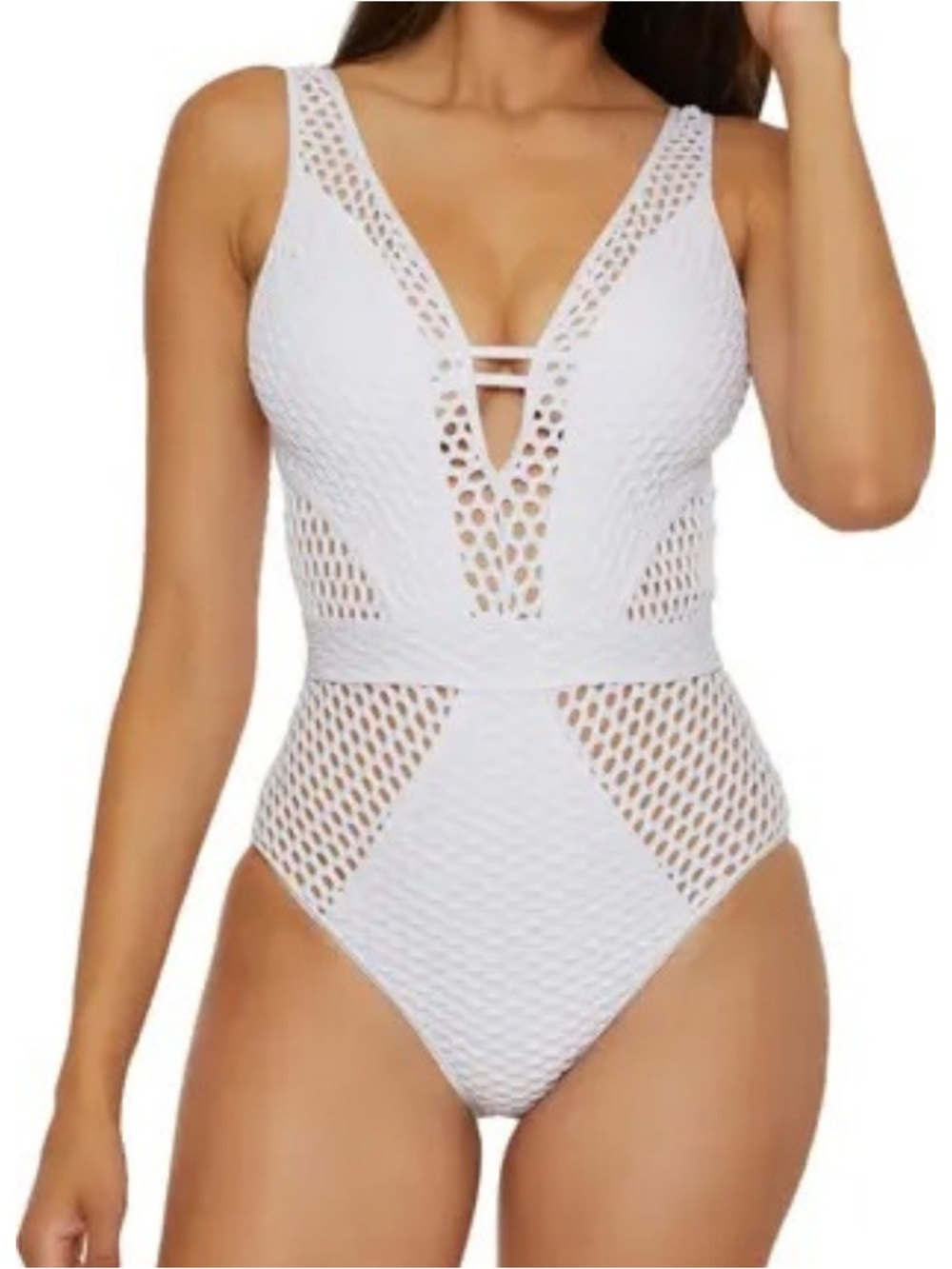BECCA White Mesh One Piece Swimsuit Large Crochet Cutout Plunge Swimwear